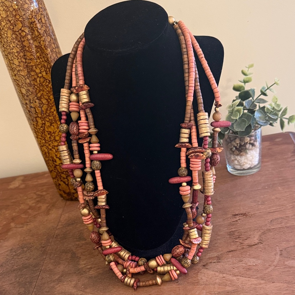 Multi-Strand Pink and Gold Beaded Women's Necklace